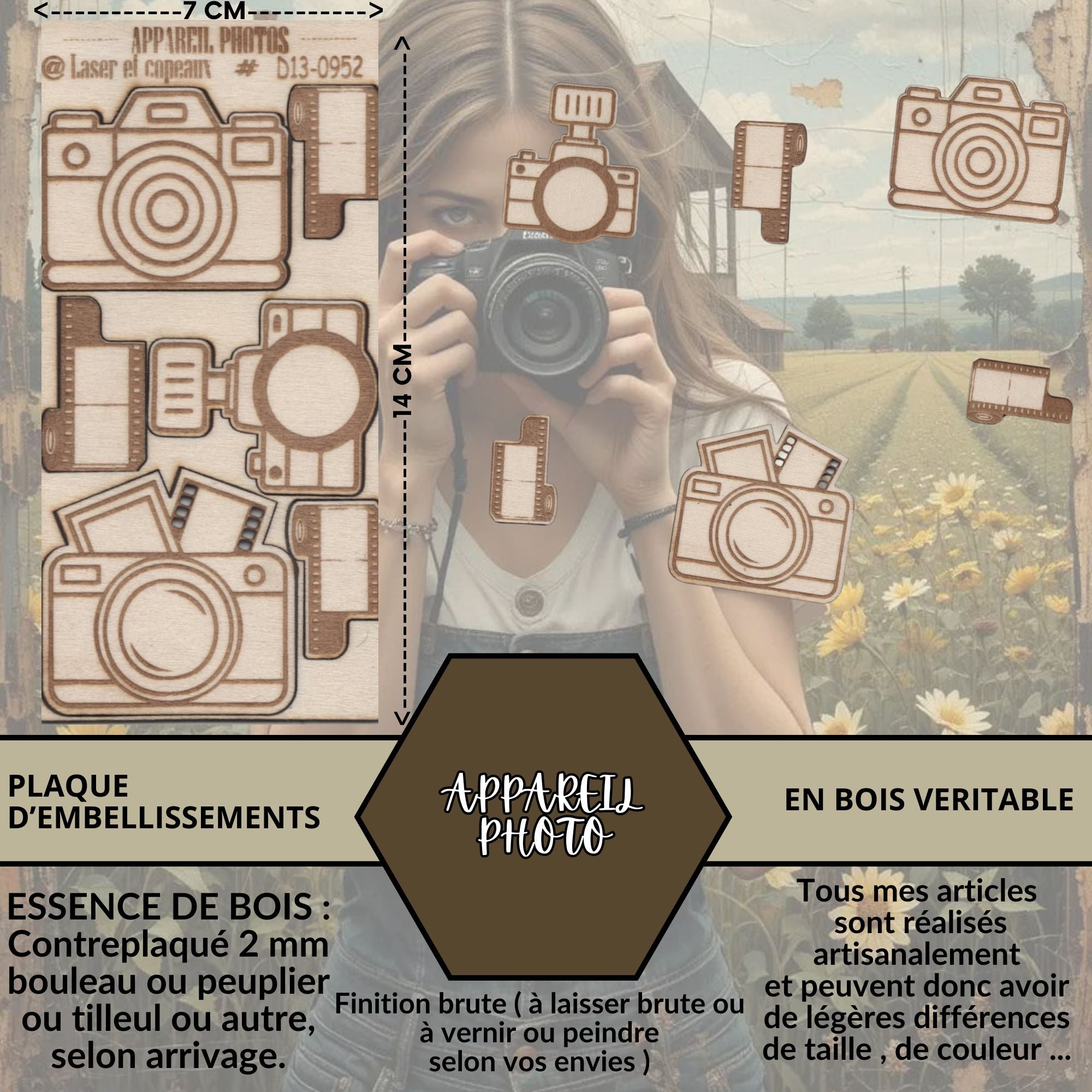 APPAREIL PHOTO - EMBELLISSEMENTS  découpés et gravés au laser sur bois véritable
