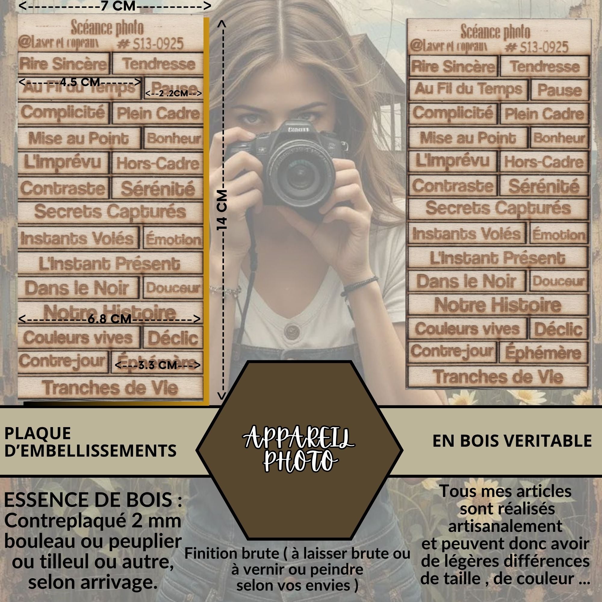APPAREIL PHOTO - EMBELLISSEMENTS  découpés et gravés au laser sur bois véritable