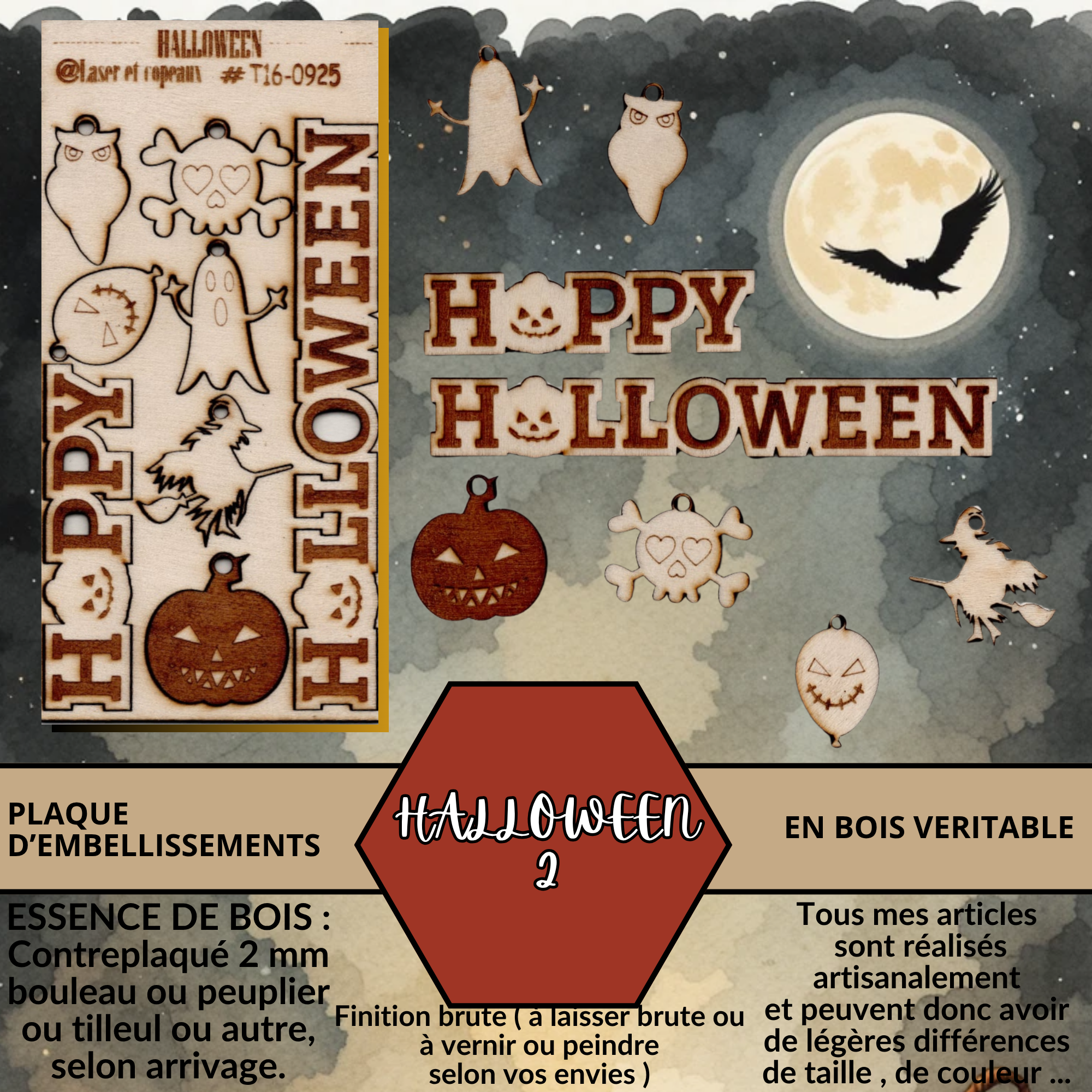 HALLOWEEN 2 - EMBELLISSEMENTS  découpés et gravés au laser sur bois véritable