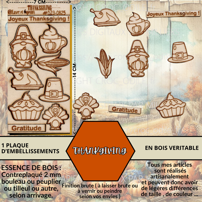 THANKGIVING - EMBELLISSEMENTS découpés et gravés sur bois véritable