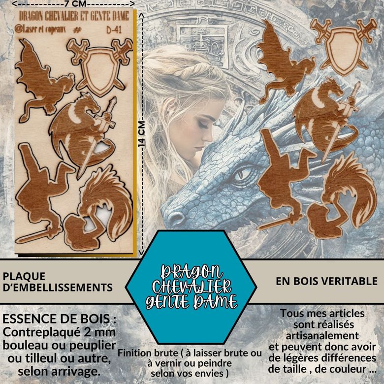 DRAGON CHEVALIER ET GENTE DAME - EMBELLISSEMENTS  découpés et gravés au laser sur bois véritable