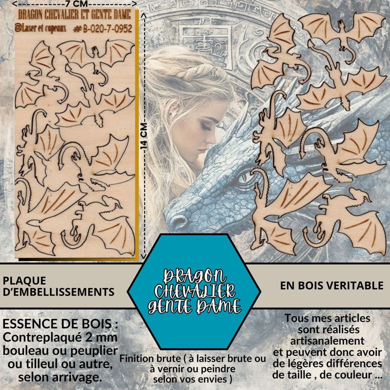 DRAGON CHEVALIER ET GENTE DAME - EMBELLISSEMENTS découpés et gravés au laser sur bois véritable