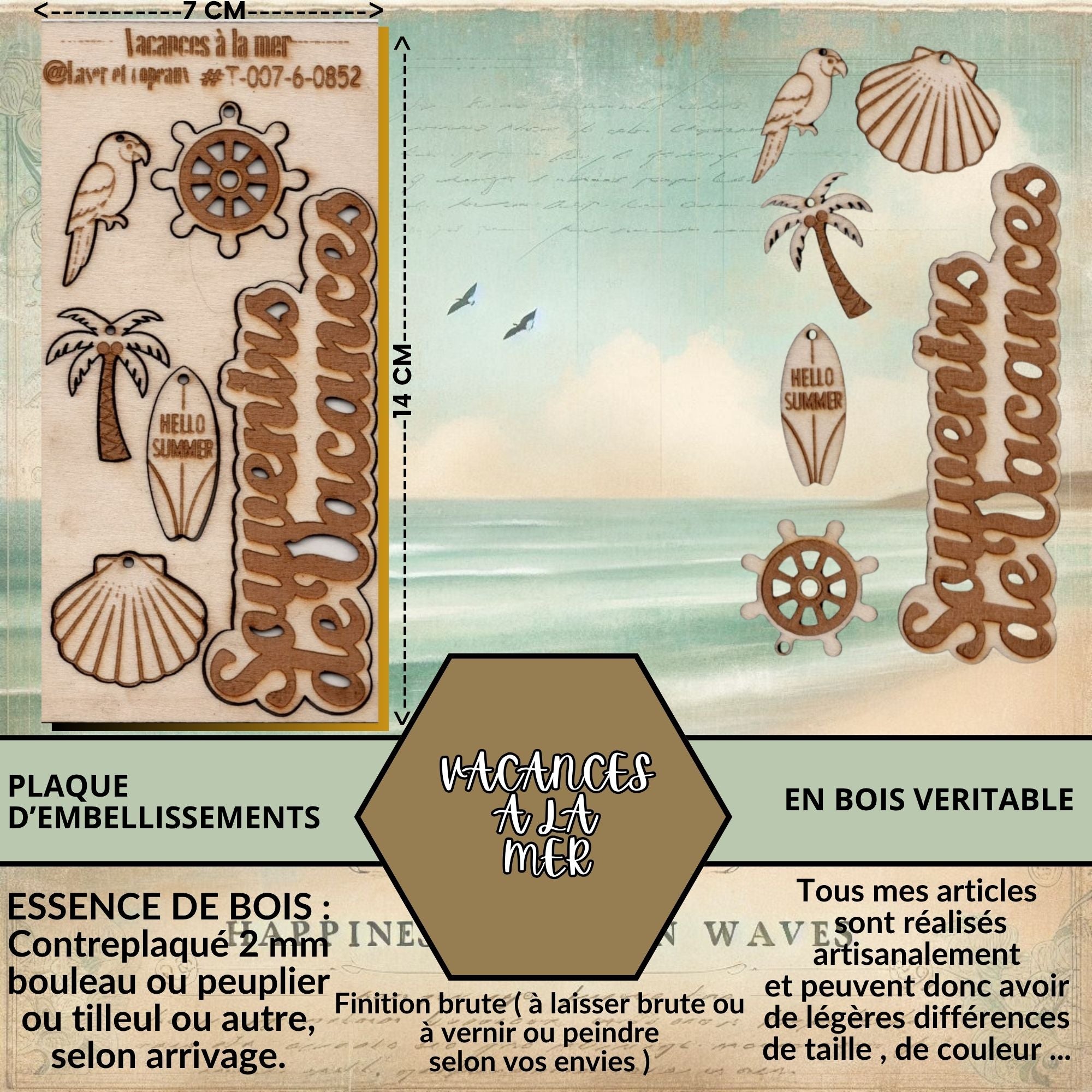 Embellishment AU FIL DES FEUILLES - SUBJECTS cut and engraved on real wood