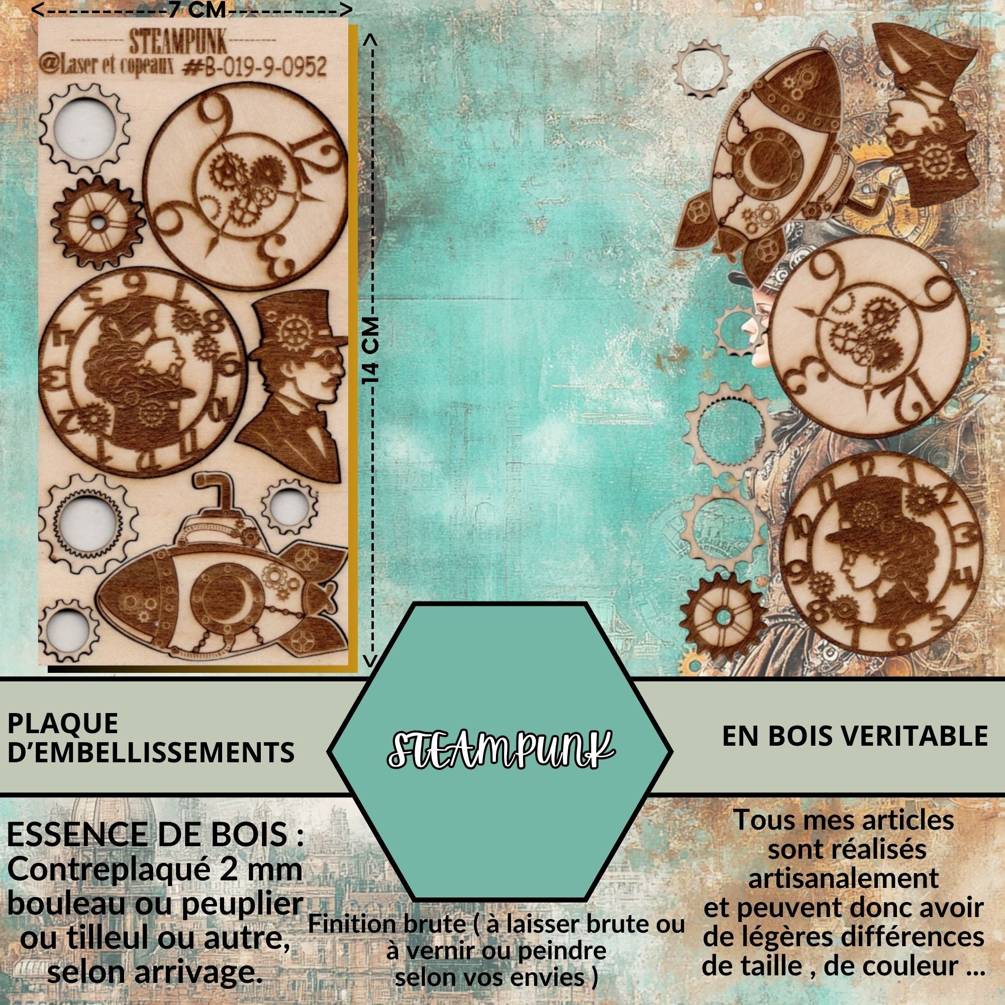 STEAMPUNK - EMBELLISSEMENTS découpés et gravés sur bois véritable