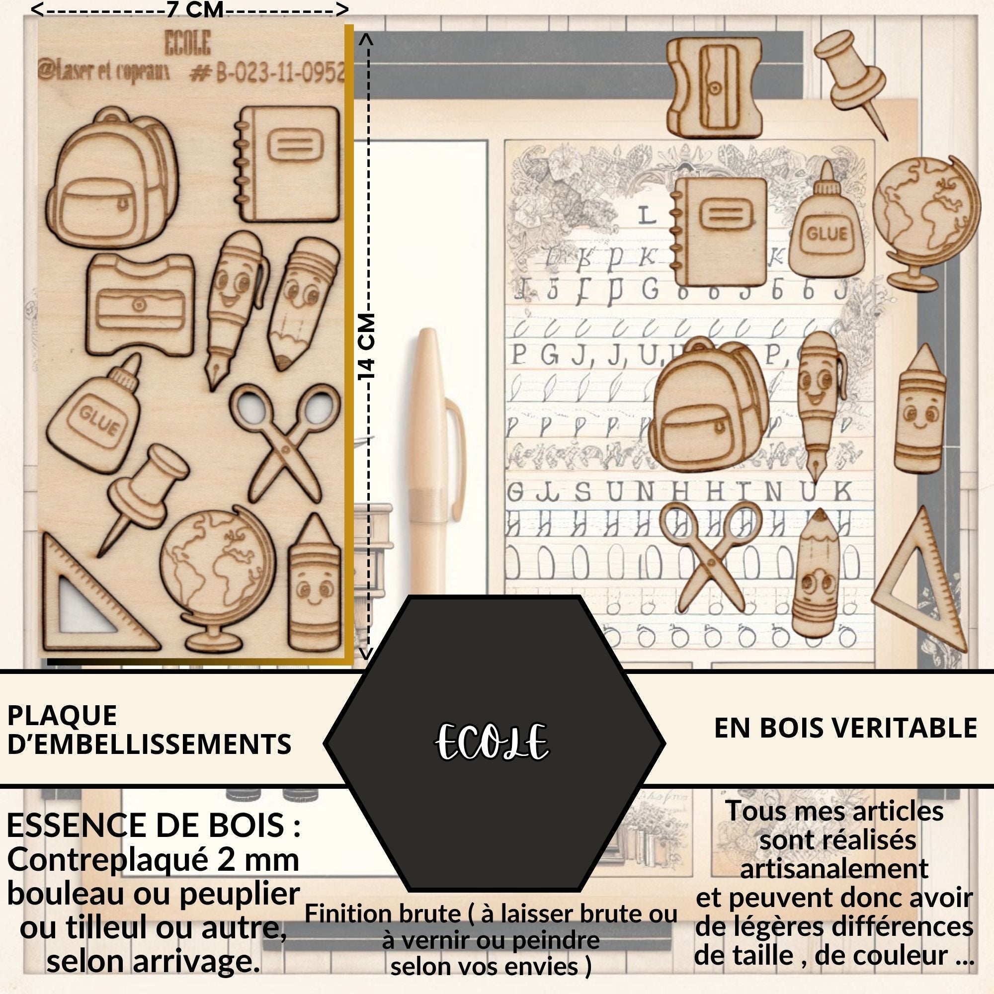 ECOLE - EMBELLISSEMENTS découpés et gravés sur bois véritable