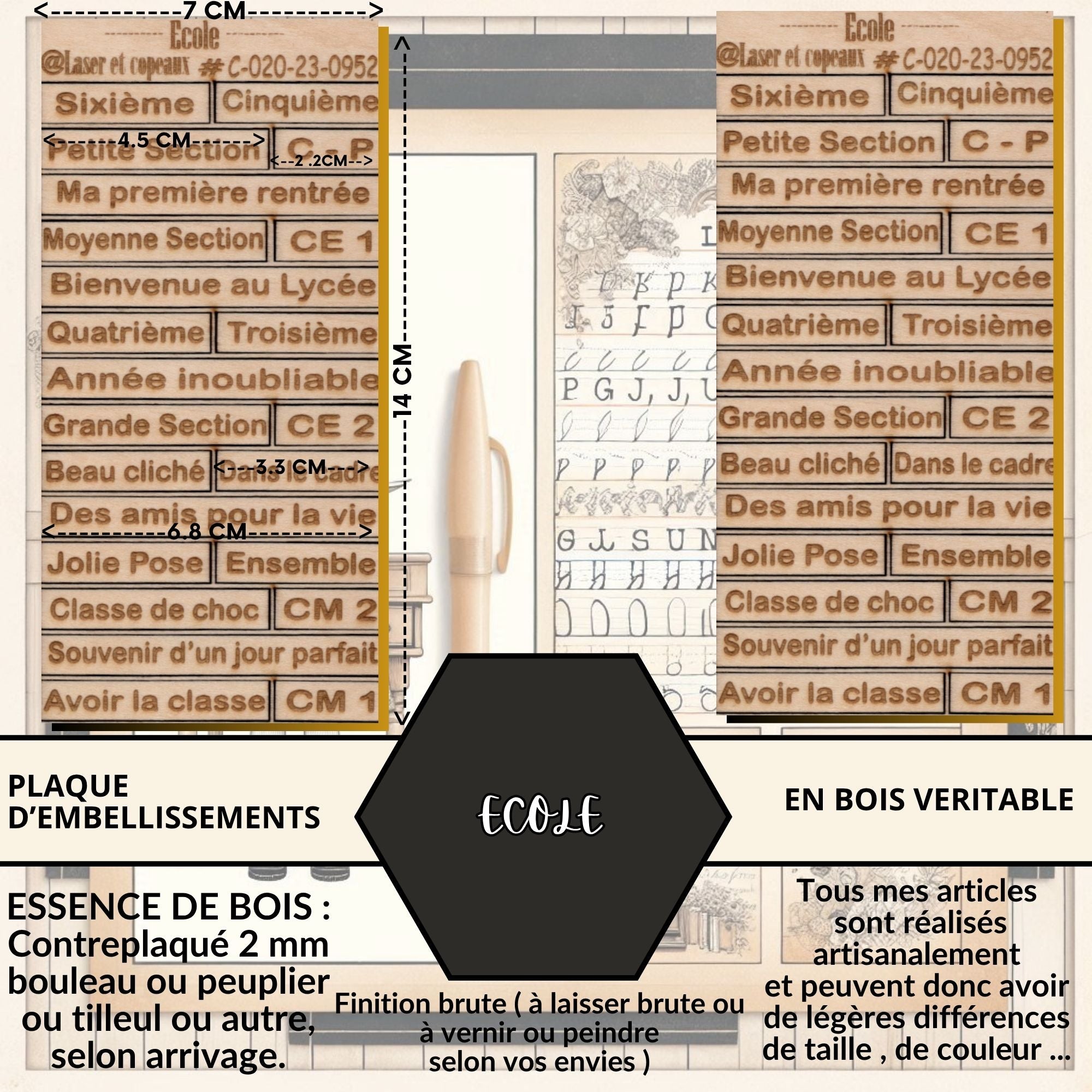ECOLE - EMBELLISSEMENTS découpés et gravés sur bois véritable