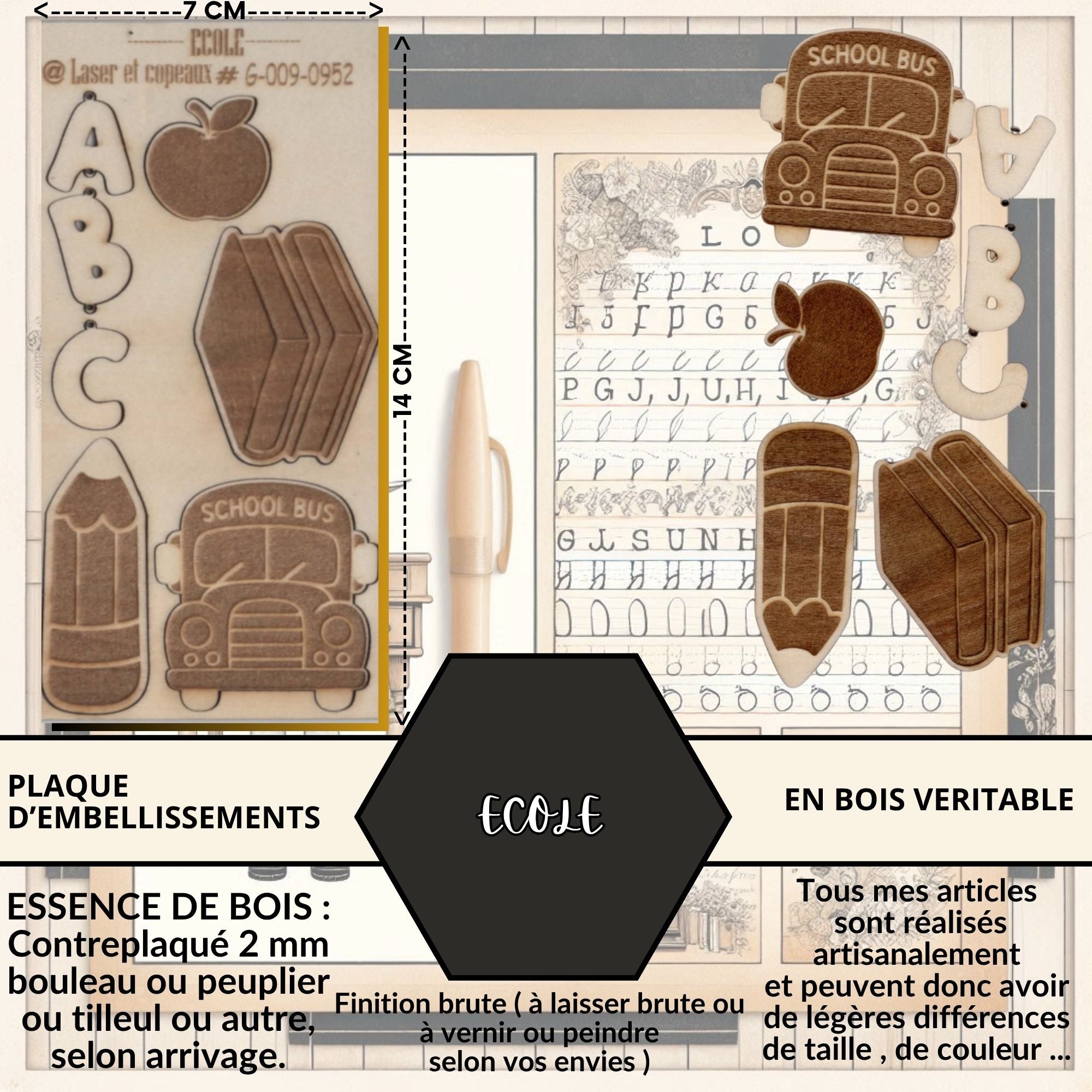 ECOLE - EMBELLISSEMENTS découpés et gravés sur bois véritable