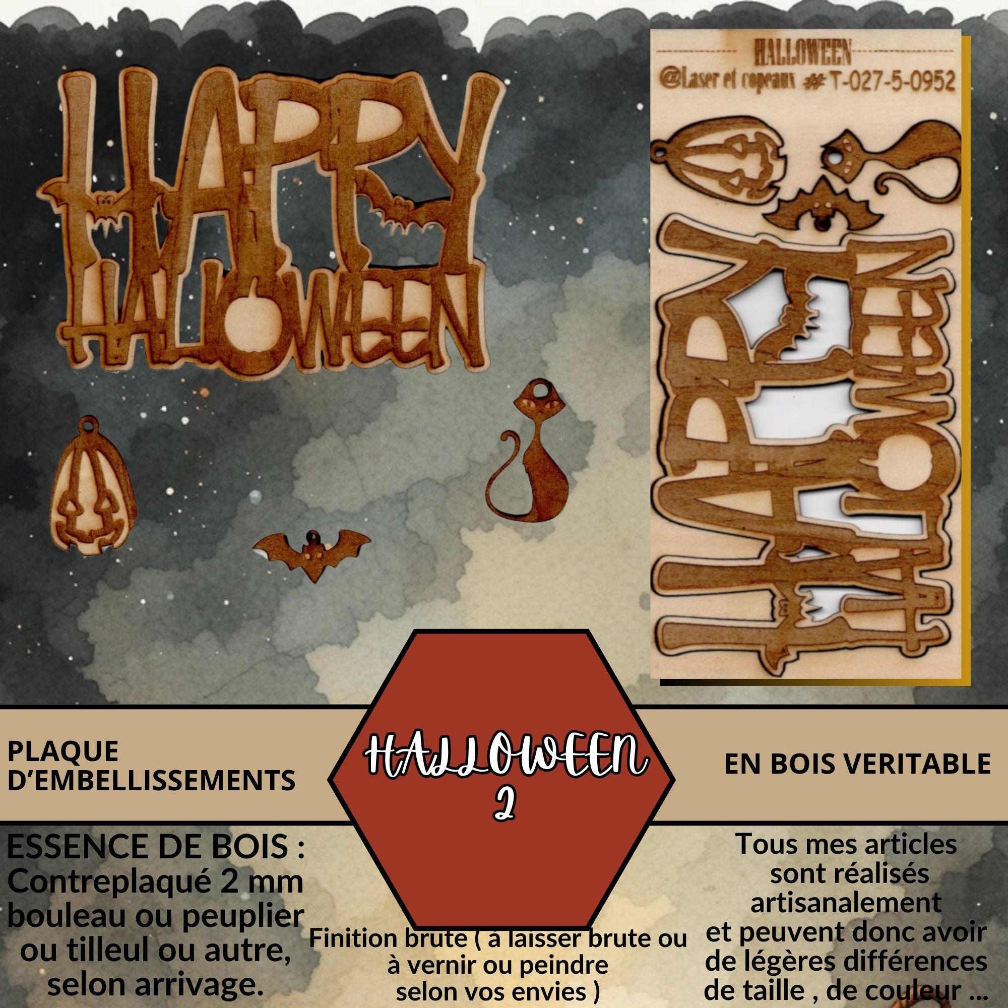 HALLOWEEN 2 - EMBELLISSEMENTS  découpés et gravés au laser sur bois véritable