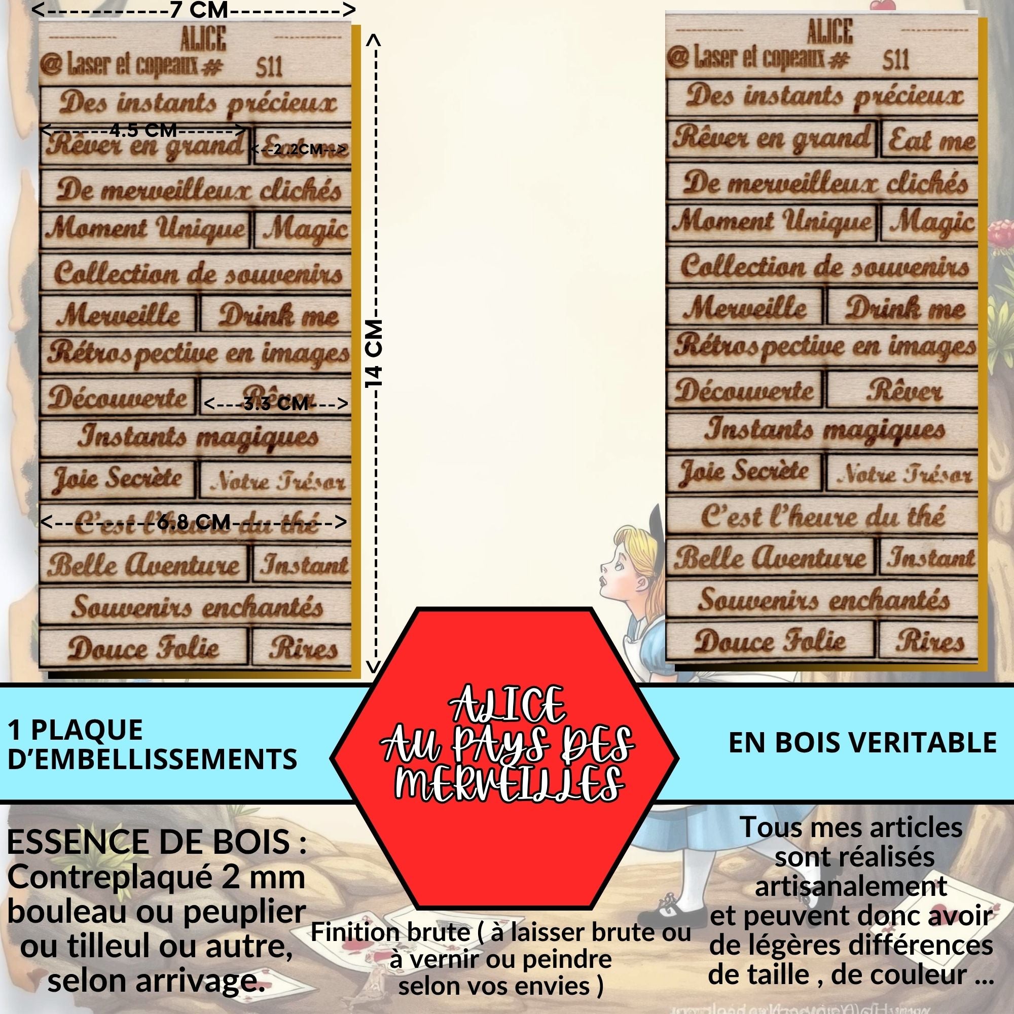 ALICE - EMBELLISSEMENTS  découpés et gravés au laser sur bois véritable