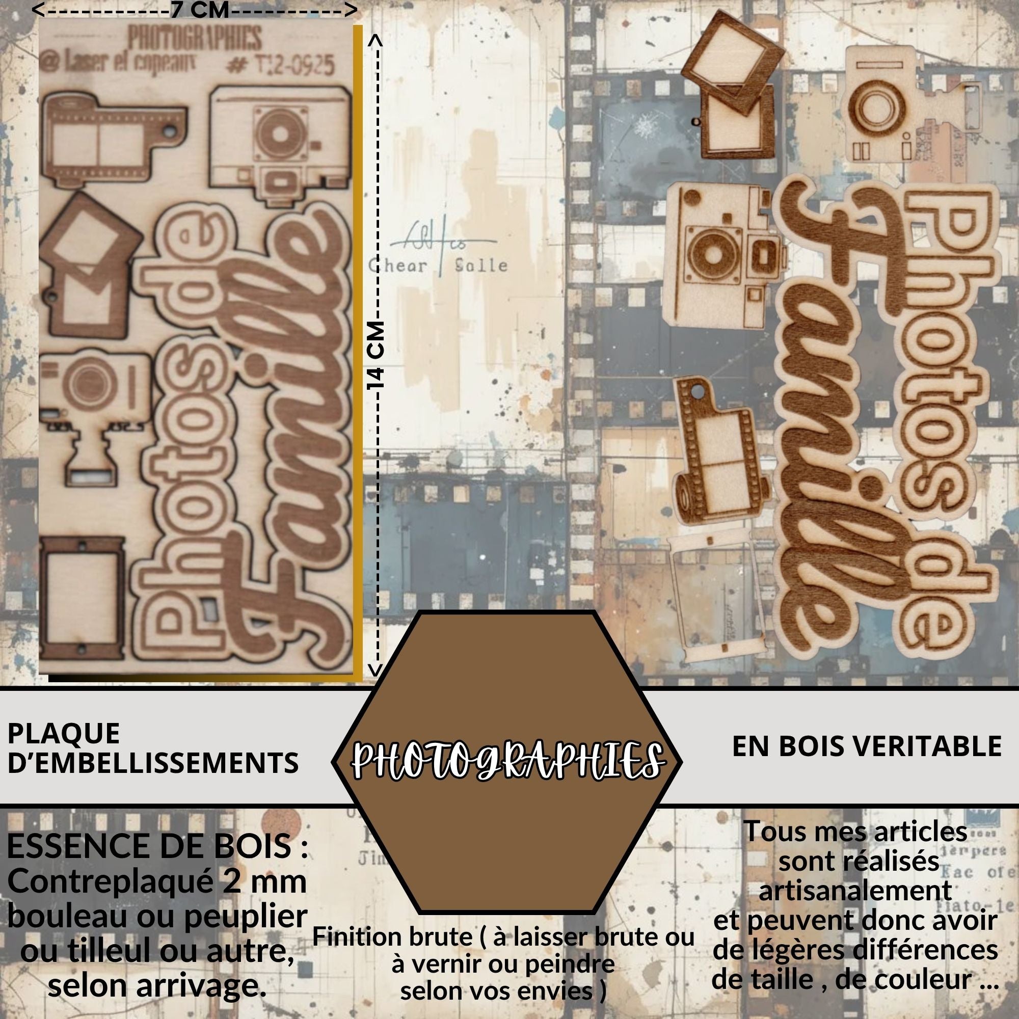 PHOTOGRAPHIES - EMBELLISSEMENTS  découpés et gravés au laser sur bois véritable