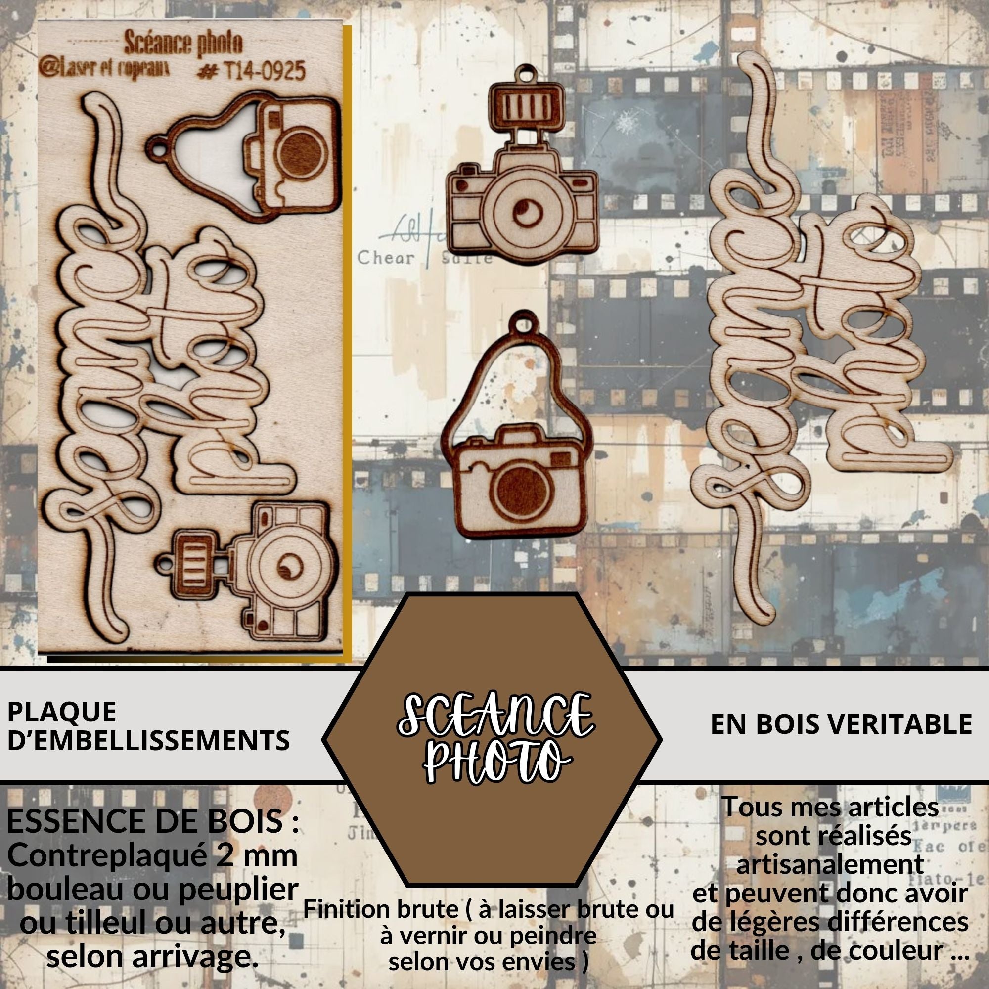 SCEANCE PHOTO - EMBELLISSEMENTS  découpés et gravés au laser sur bois véritable