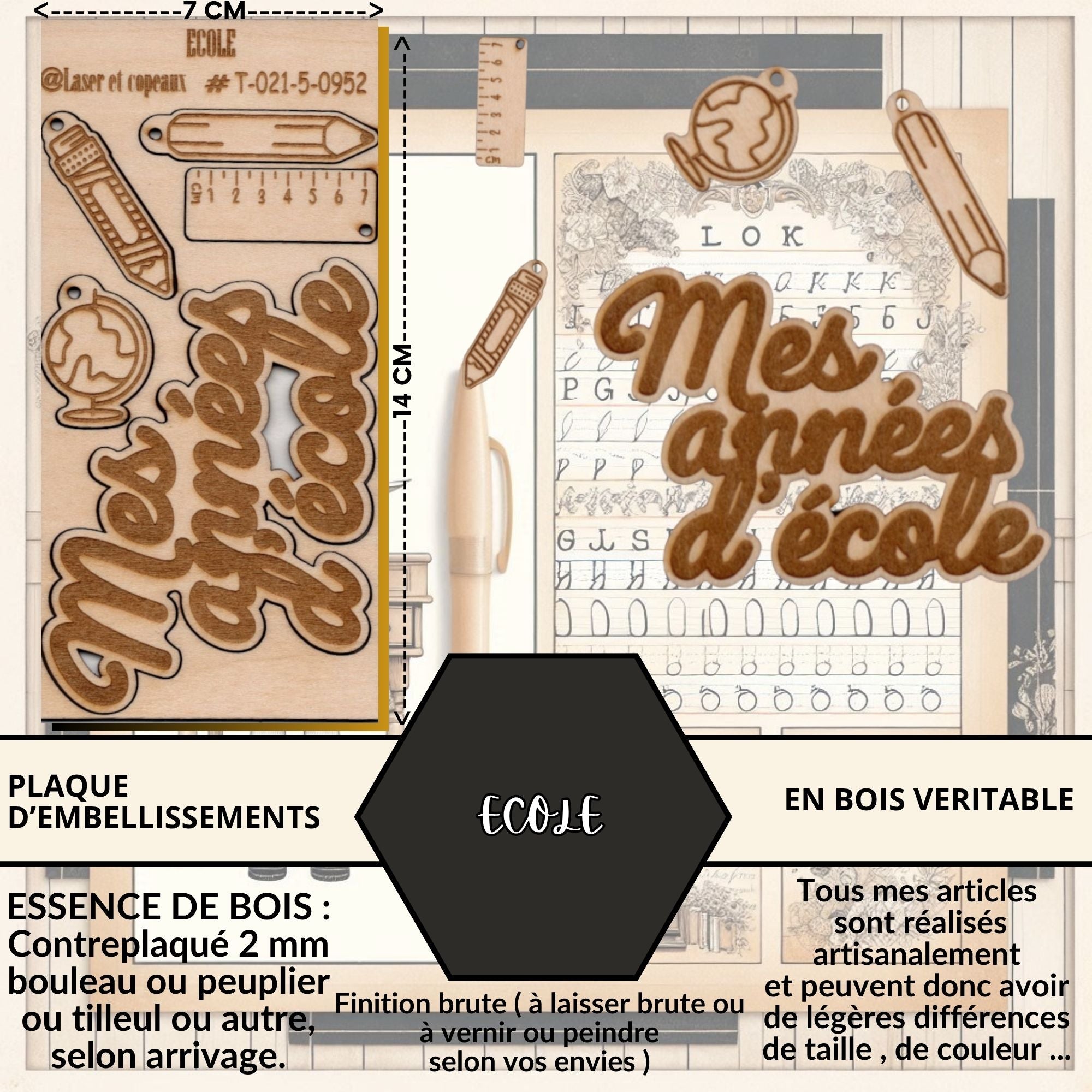 ECOLE - EMBELLISSEMENTS découpés et gravés sur bois véritable