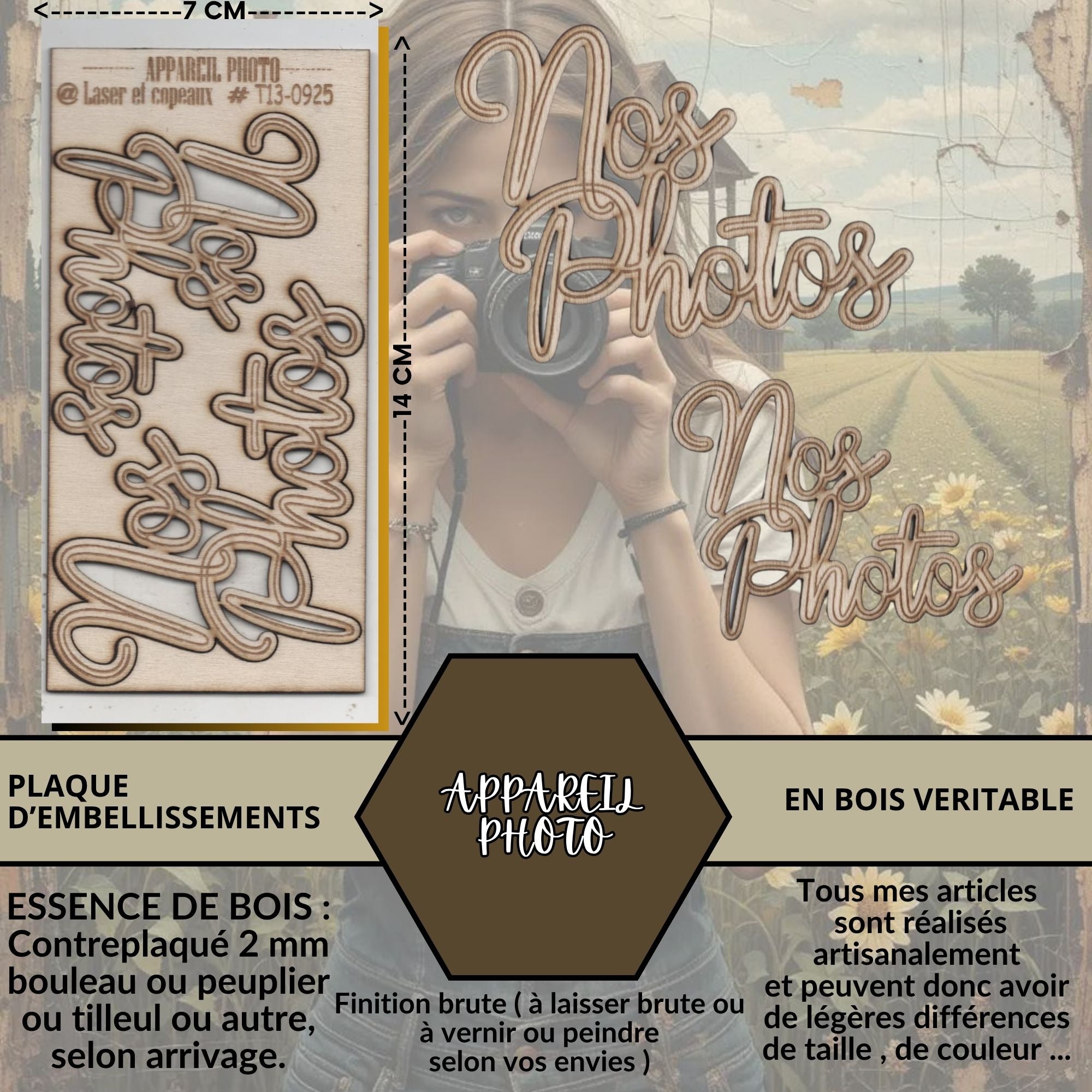 APPAREIL PHOTO - EMBELLISSEMENTS  découpés et gravés au laser sur bois véritable