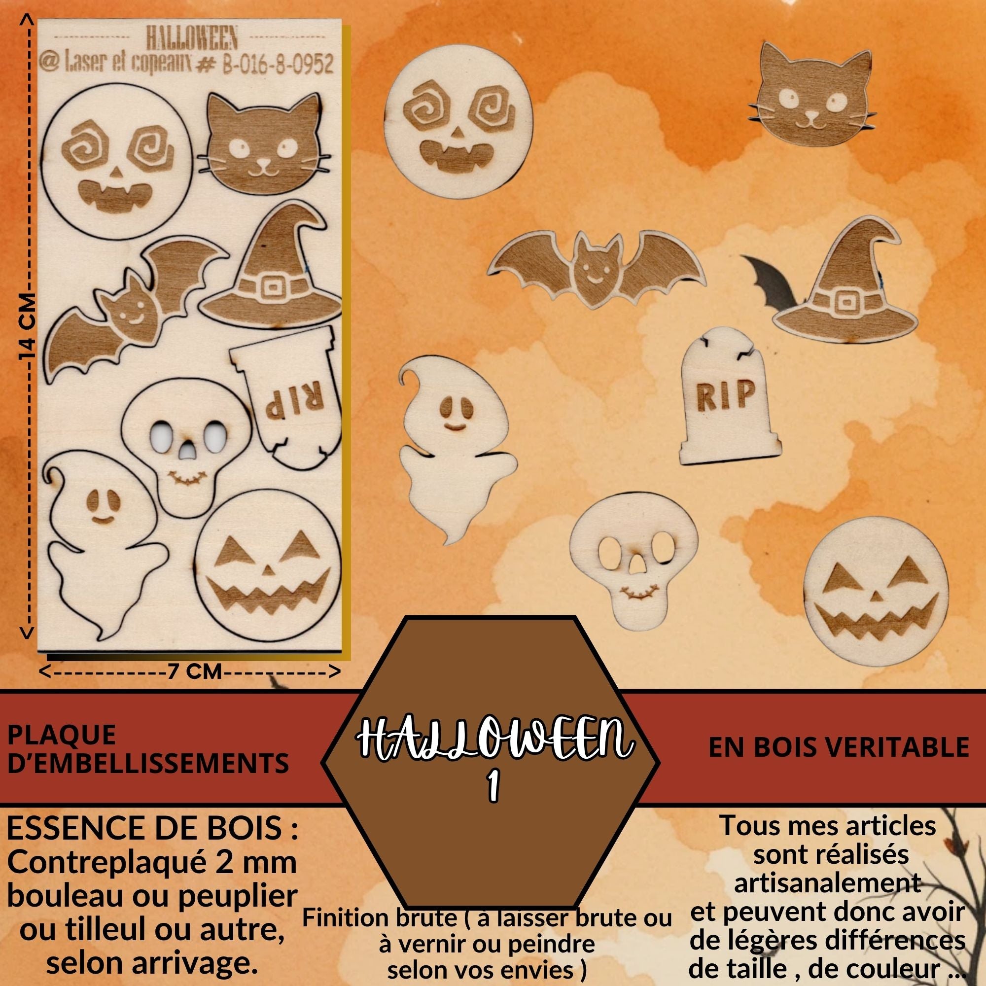 HALLOWEEN - EMBELLISSEMENTS découpés et gravés sur bois véritable