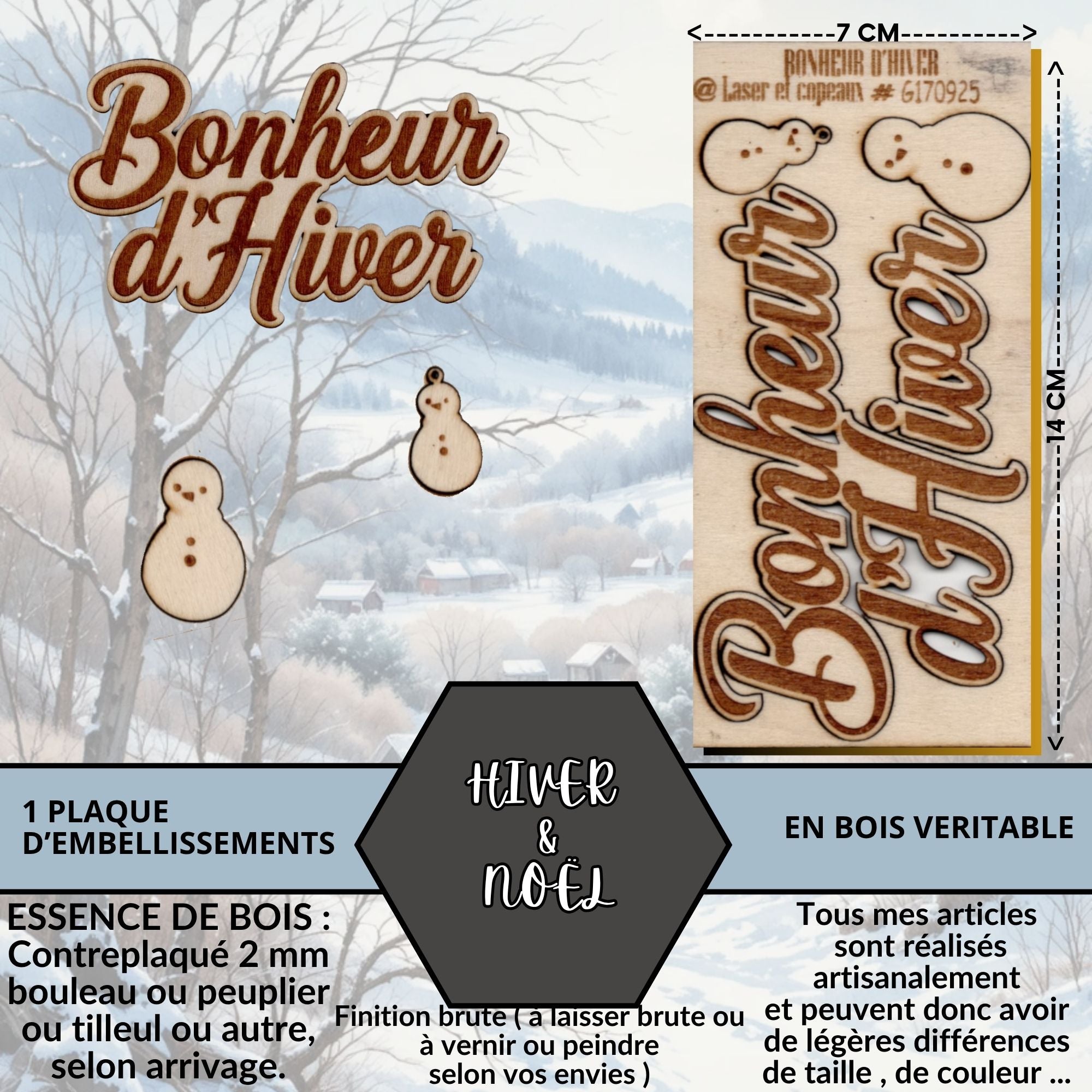 HIVER/NOEL - EMBELISSEMENTS découpés et gravés sur bois véritable