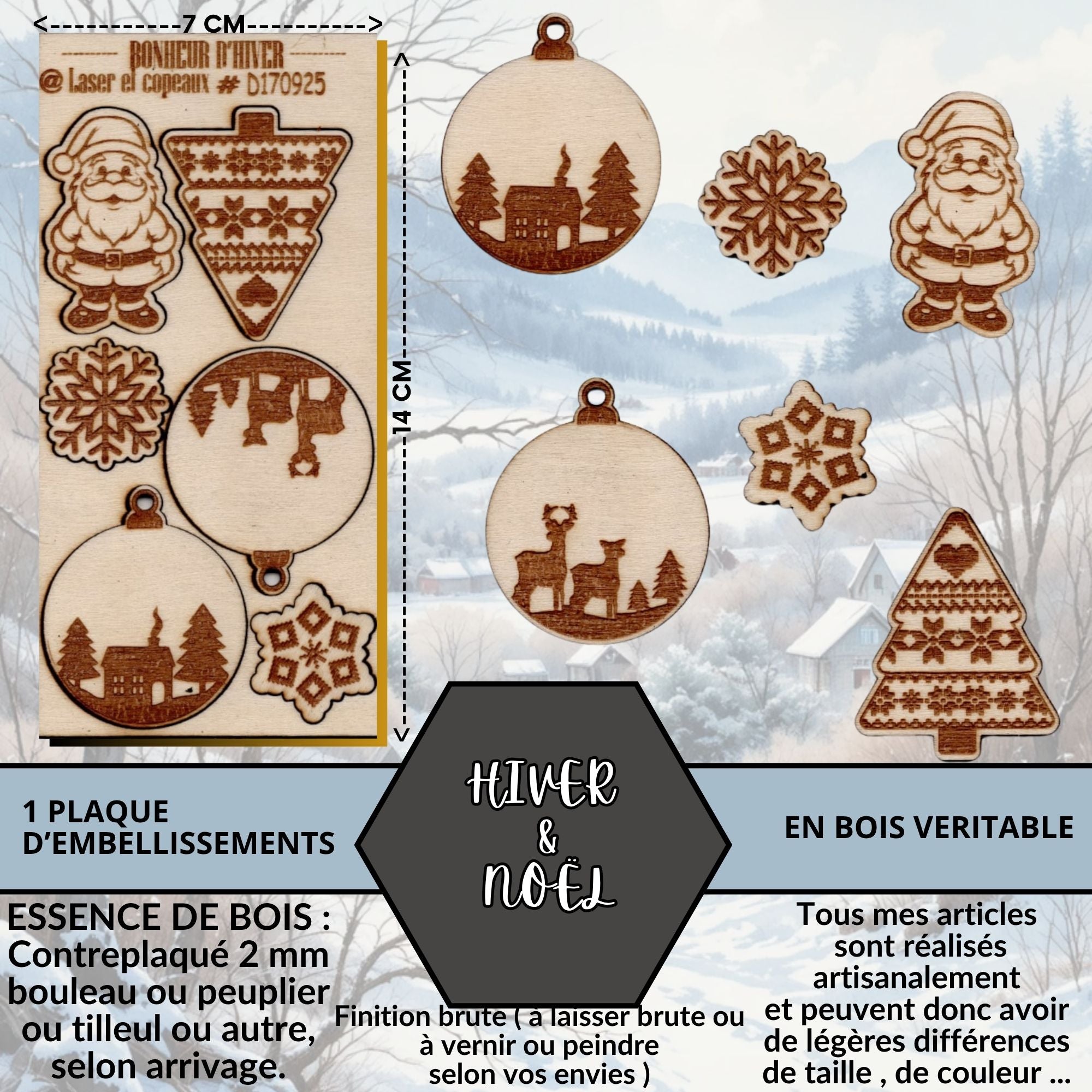 HIVER/NOEL - EMBELLISSEMENTS découpés et gravés sur bois véritable