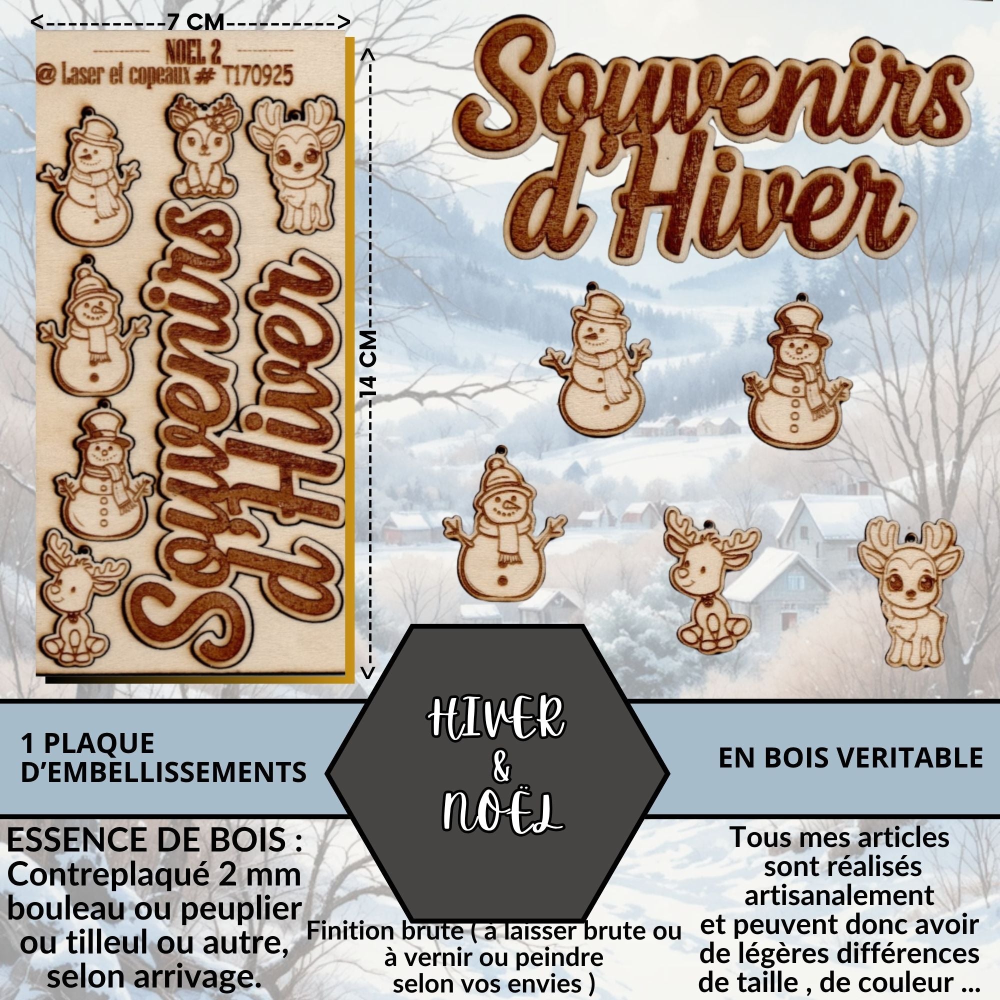 HIVER/NOEL - EMBELLISSEMENTS découpés et gravés sur bois véritable