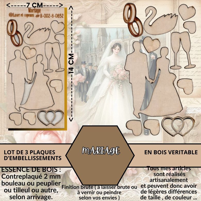 MARIAGES - EMBELLISSEMENTS  découpés et gravés au laser sur bois véritable