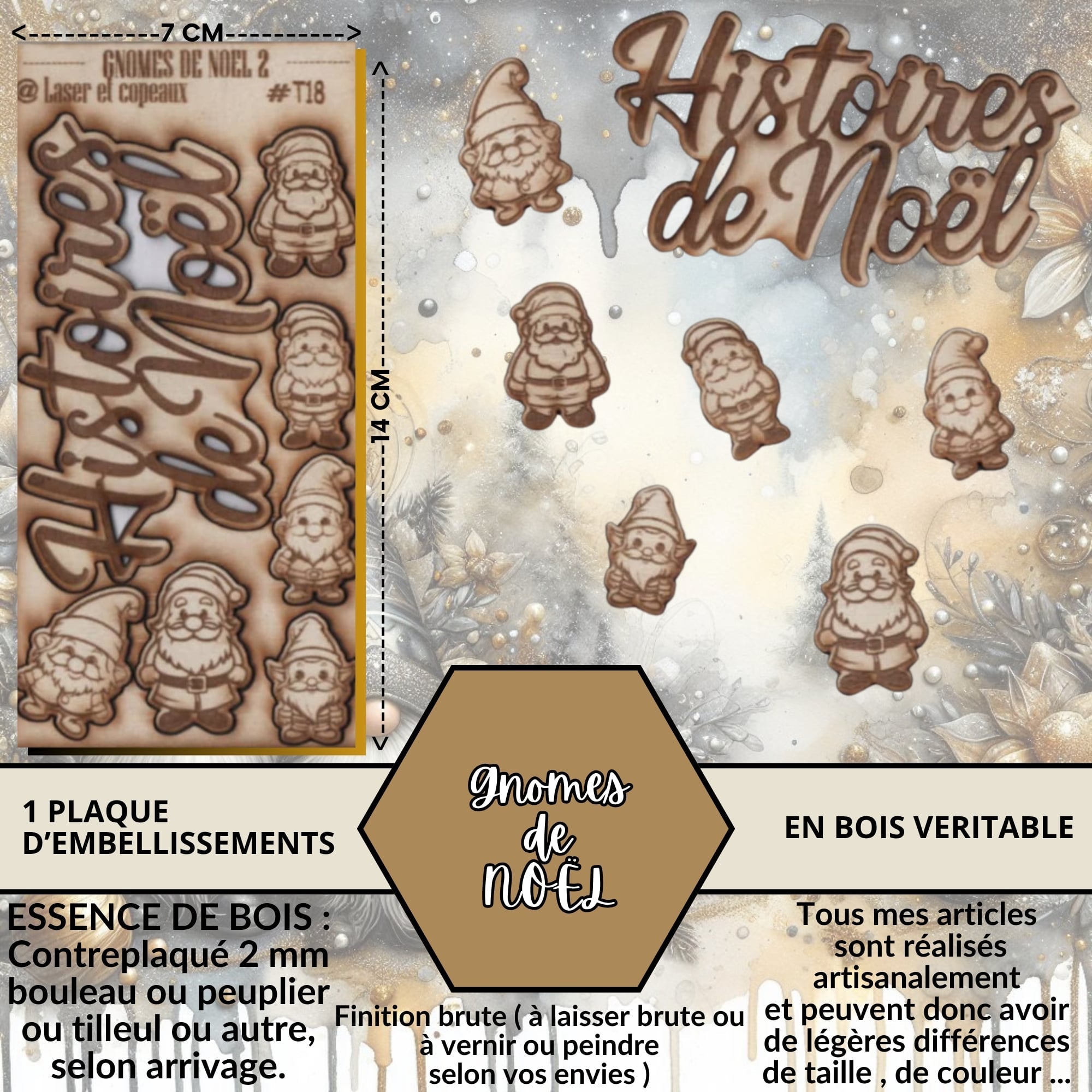 GNOMES DE NOEL - EMBELLISSEMENTS  découpés et gravés au laser sur bois véritable