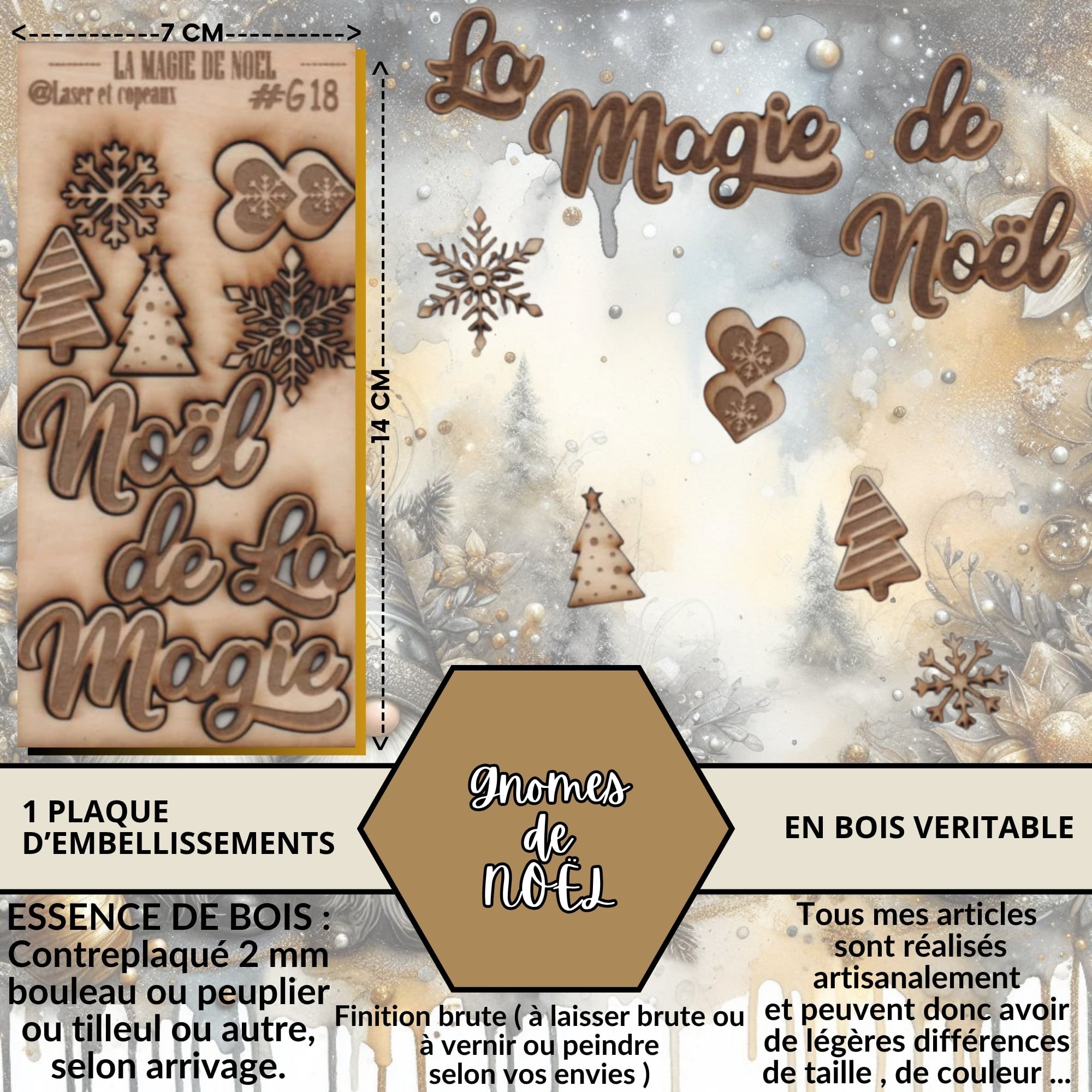 GNOMES DE NOEL - EMBELLISSEMENTS  découpés et gravés au laser sur bois véritable