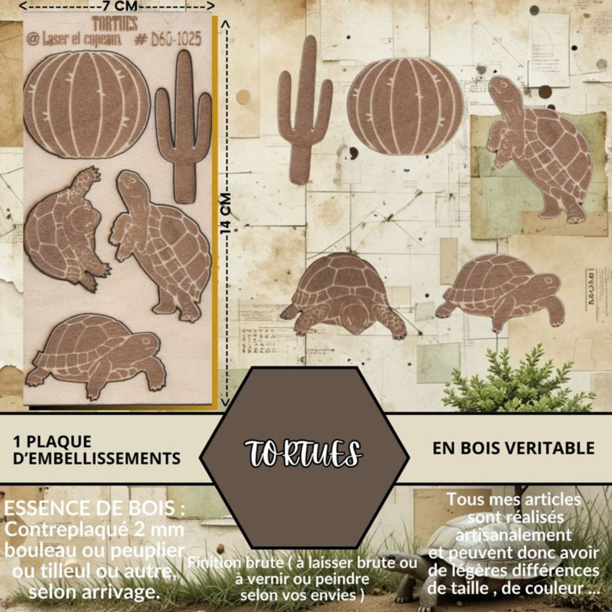 TORTUES TERRESTRES - EMBELLISSEMENTS  découpés et gravés au laser sur bois véritable