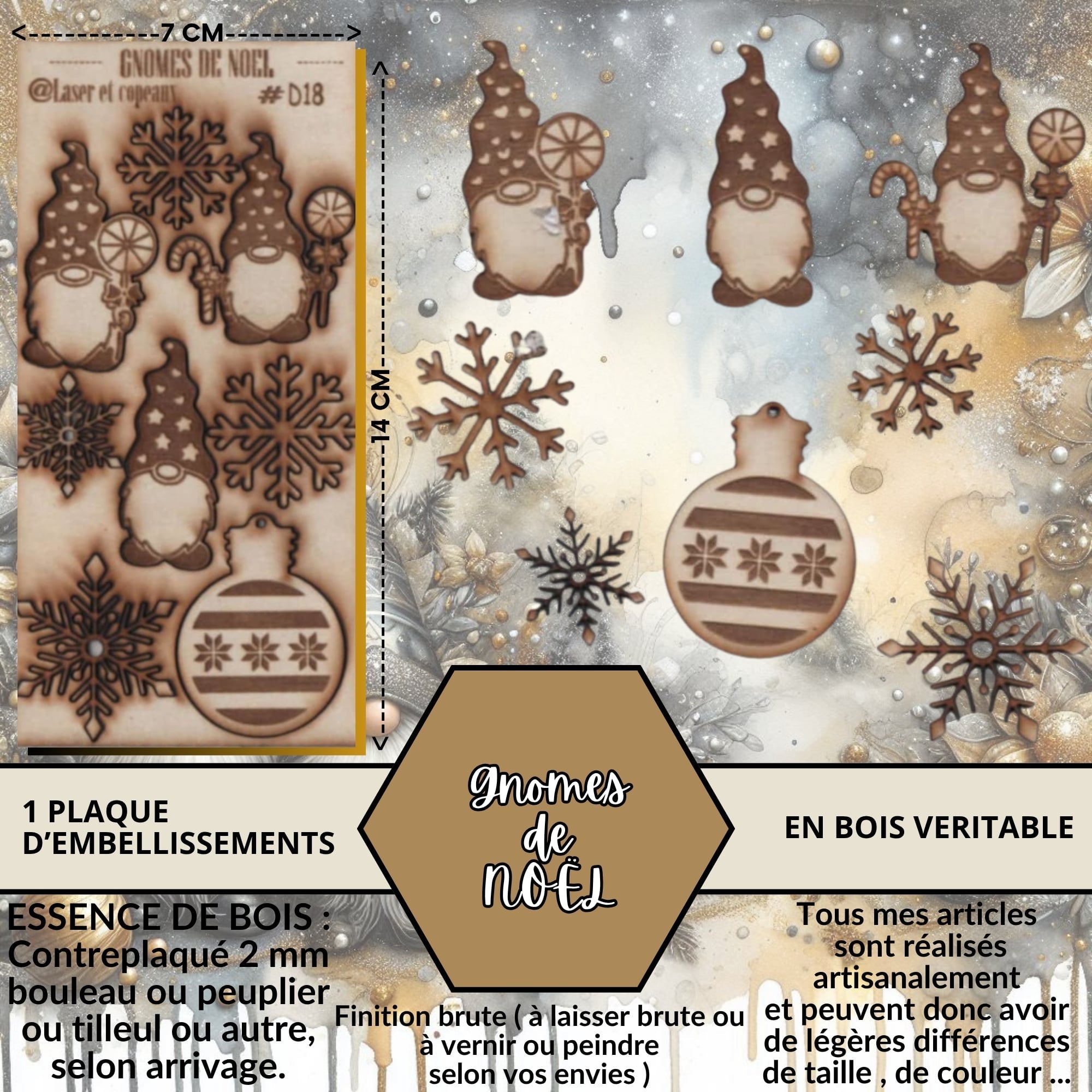 GNOMES DE NOEL - EMBELLISSEMENTS  découpés et gravés au laser sur bois véritable