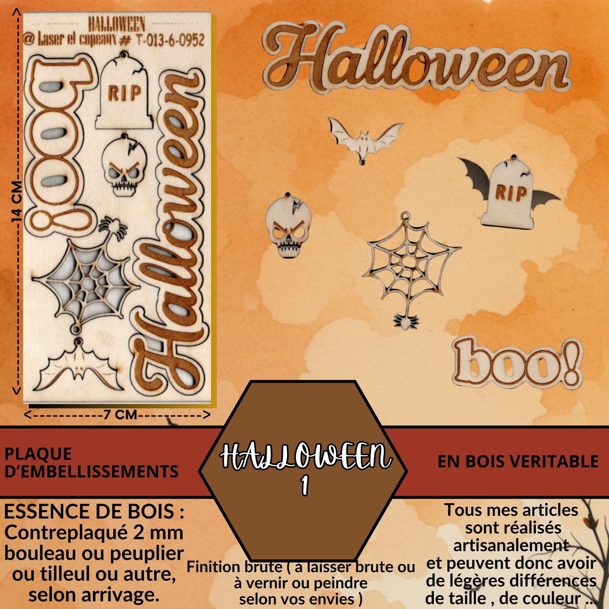 HALLOWEEN 1 - EMBELLISSEMENTS gravées et découpés au laser sur bois véritable