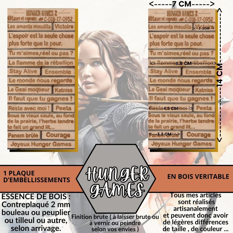 HUNGER GAMES - EMBELLISSEMENTS découpés et gravés sur bois véritable