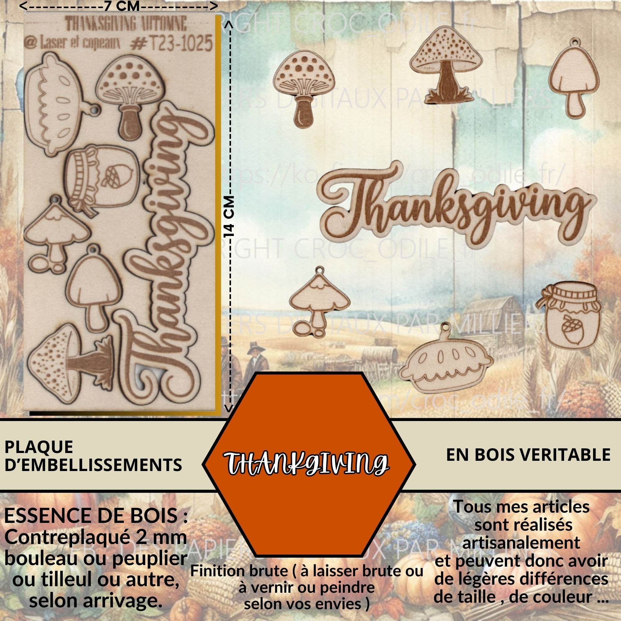 THANKGIVING -EMBELLISSEMENTS découpés et gravés sur bois véritable