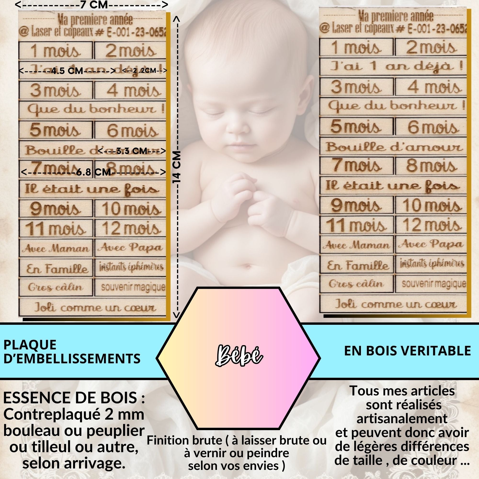 BÉBÉ - EMBELLISSEMENTS  découpés et gravés au laser sur bois véritable