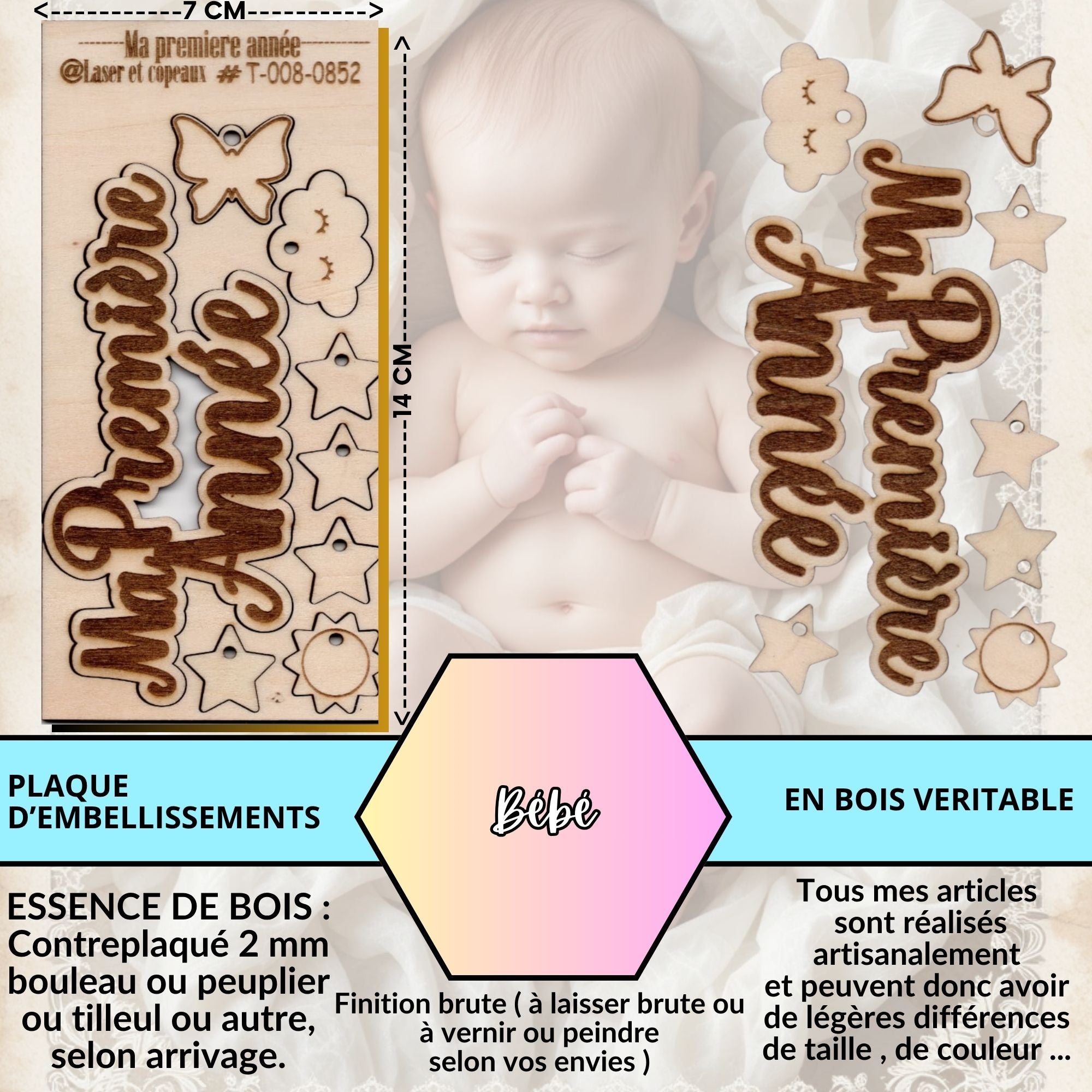 BÉBÉ - EMBELLISSEMENTS  découpés et gravés au laser sur bois véritable