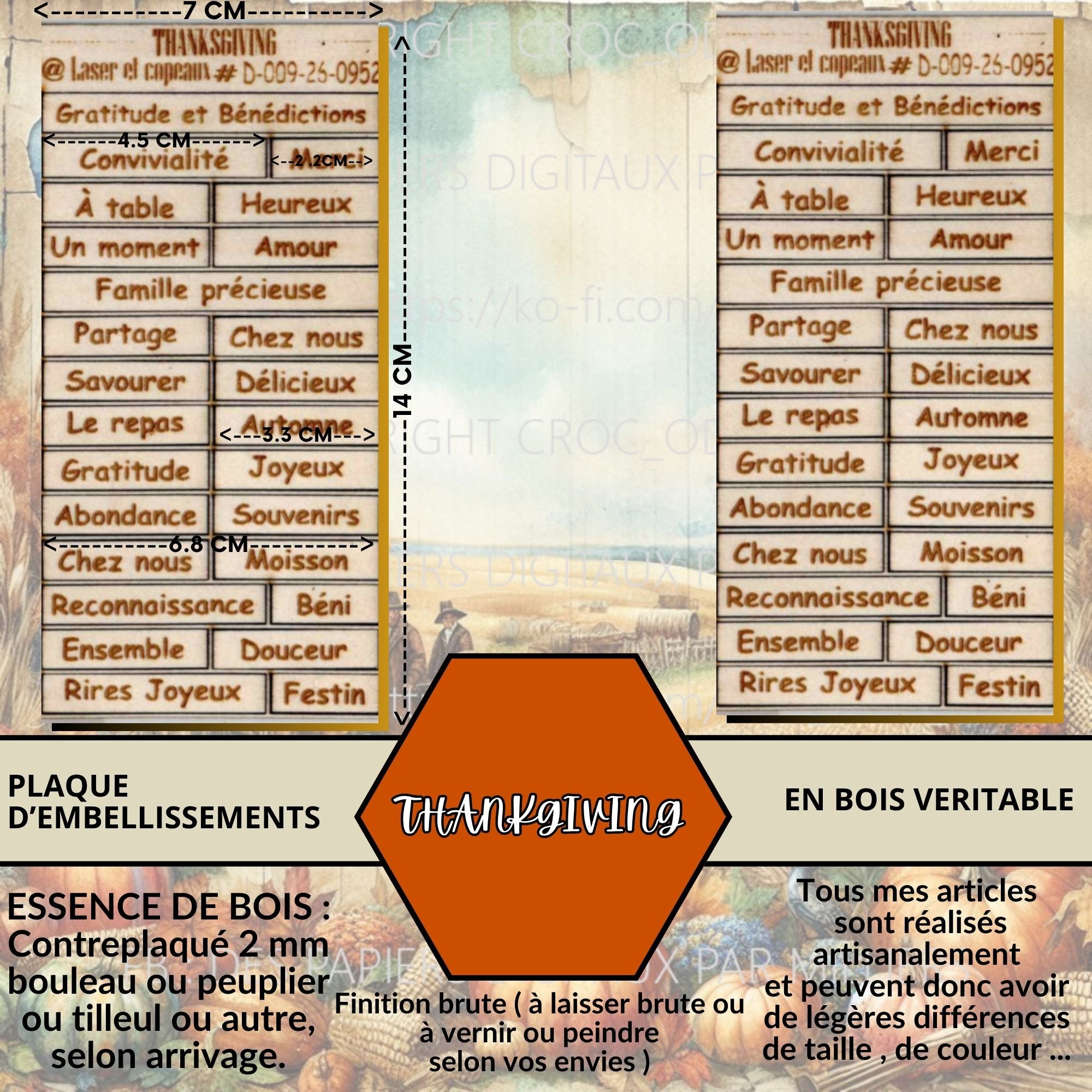 THANKGIVING -EMBELLISSEMENTS découpés et gravés sur bois véritable