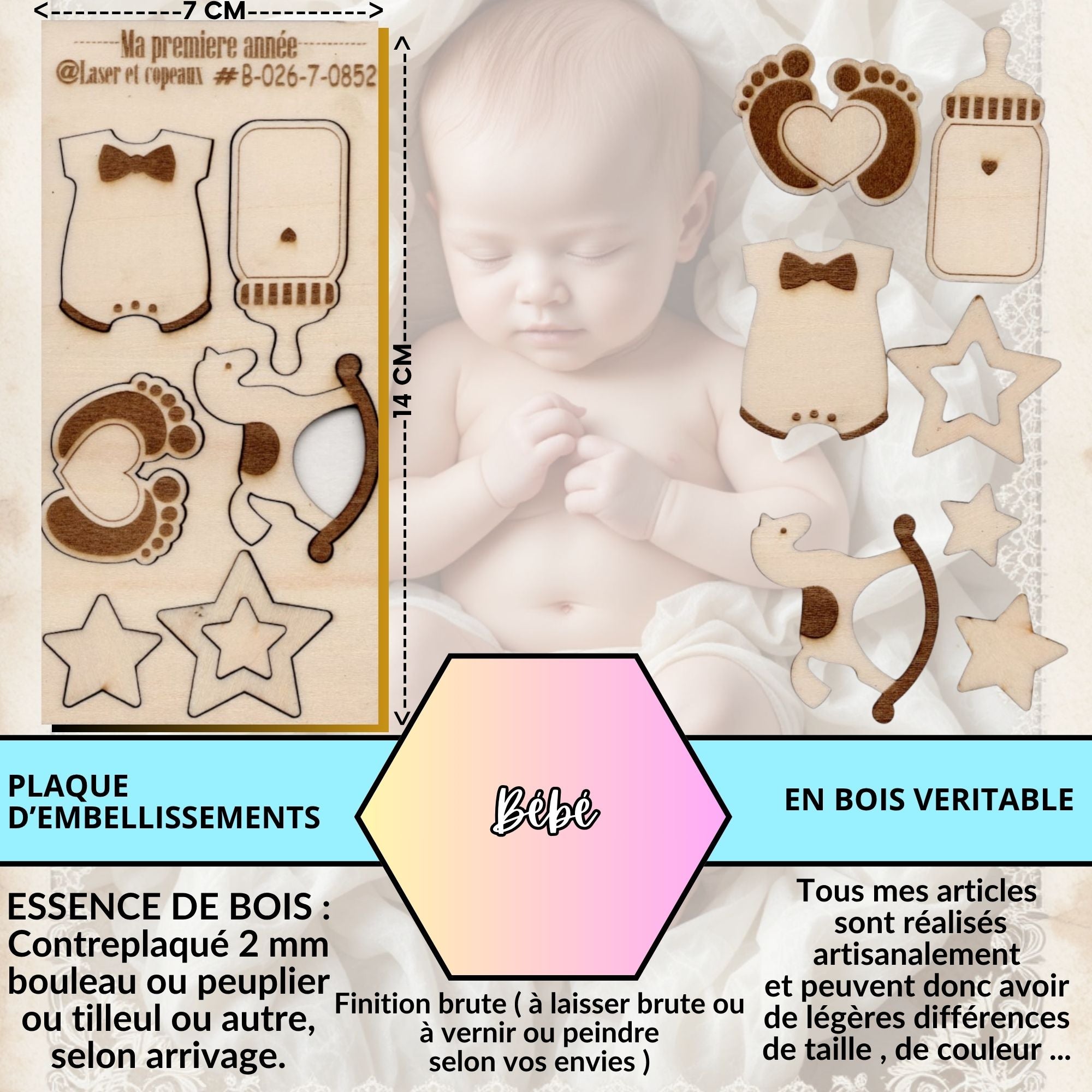 BÉBÉ - EMBELLISSEMENTS  découpés et gravés au laser sur bois véritable